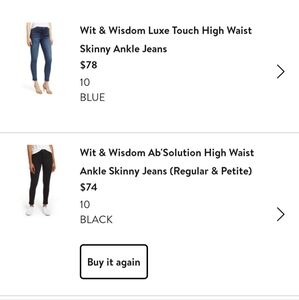 2 pairs Wit & Wisdom Absolution size 10 skinny jeans high waisted nordstrom